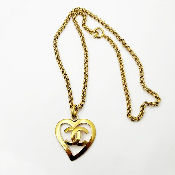 Chanel Vintage Gold Plated CC Heart Pendant Necklace